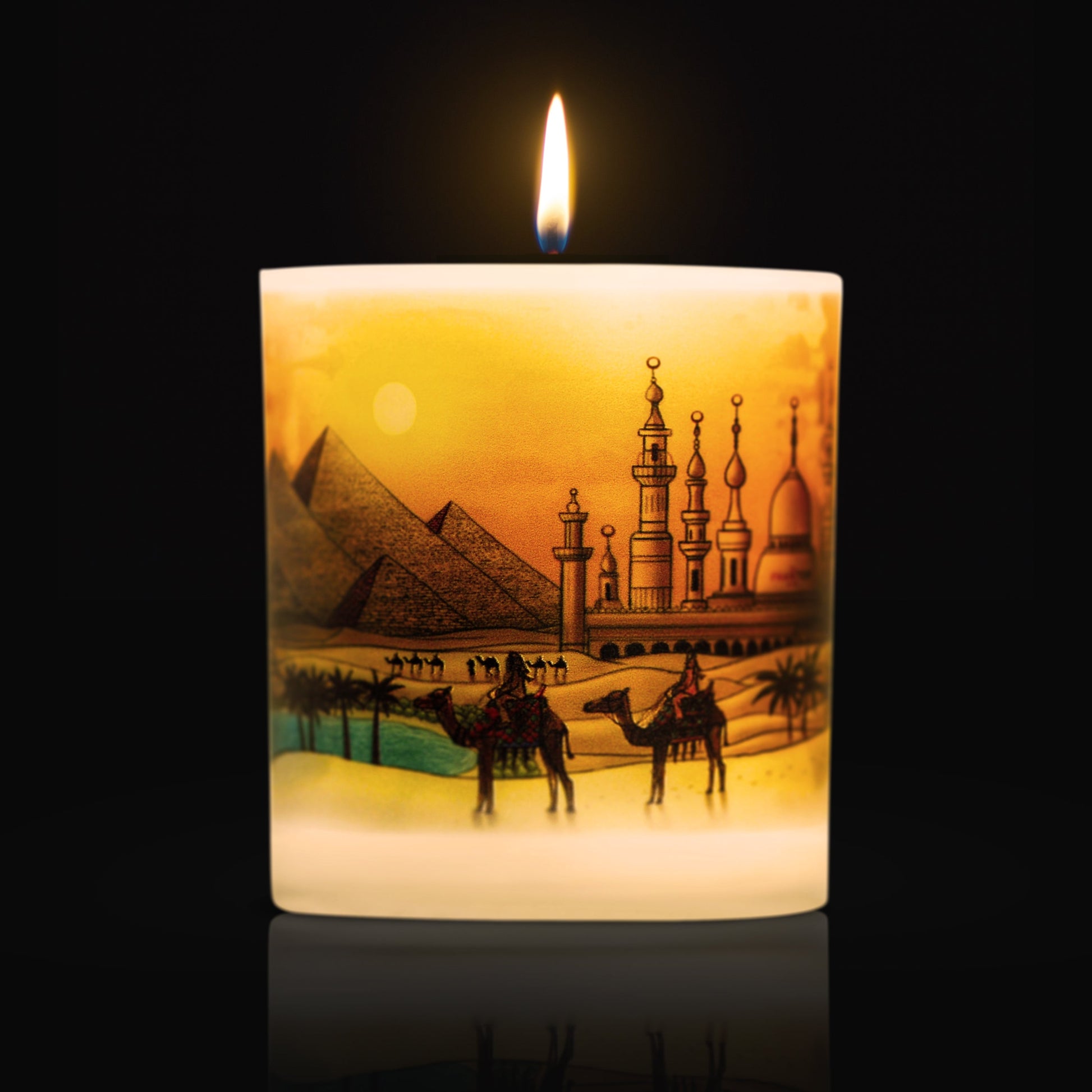 Lit candle with 360 artwork of Cairo, Egypt