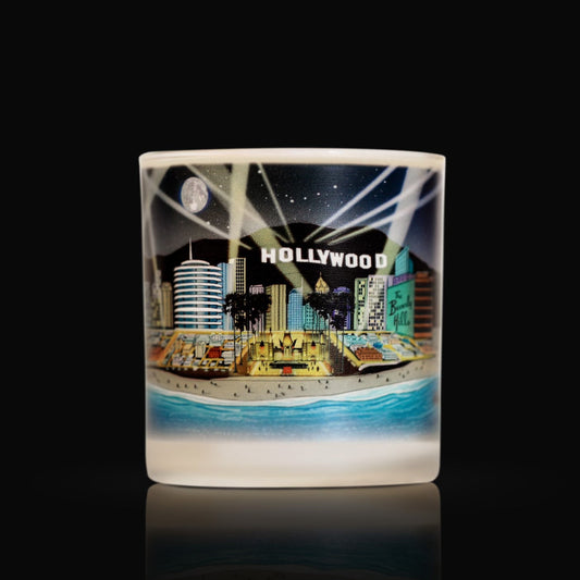 Luxury candle with artwork of famous hollywood landmarks