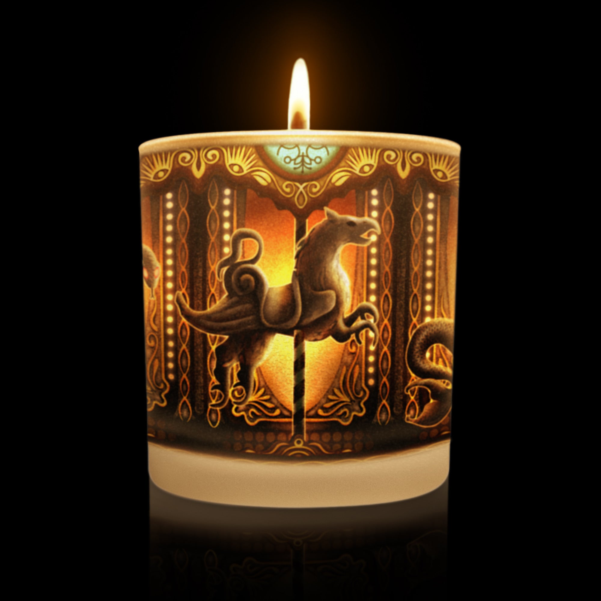 Lit candle featuring illuminated gothic carousel design