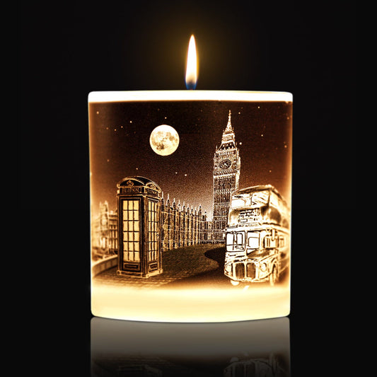  DS Phantom lit candle with artwork of iconic London sites