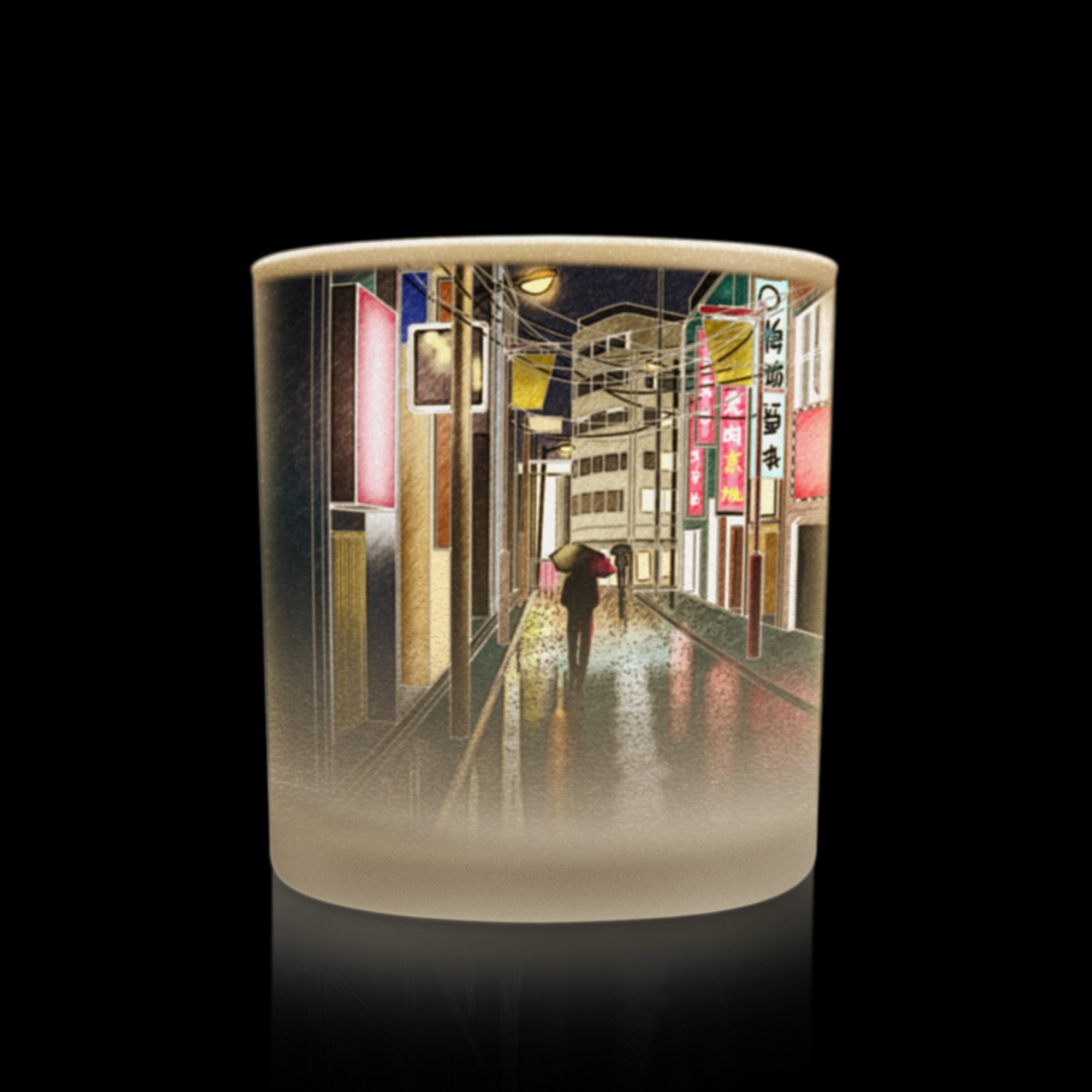  glass candle with a multicolor design of Tokyo at night