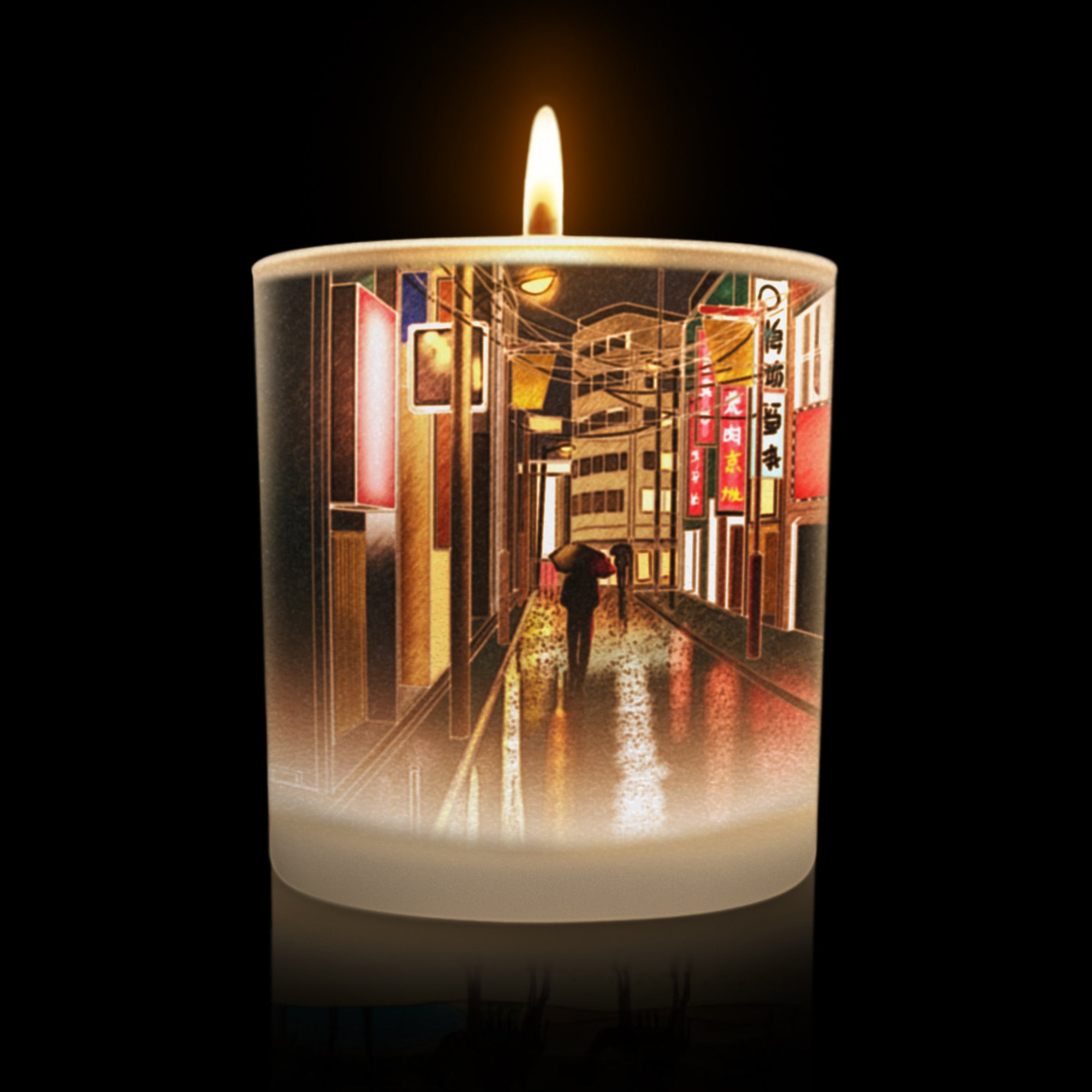  Lit candle with a design of a Tokyo street scene night 