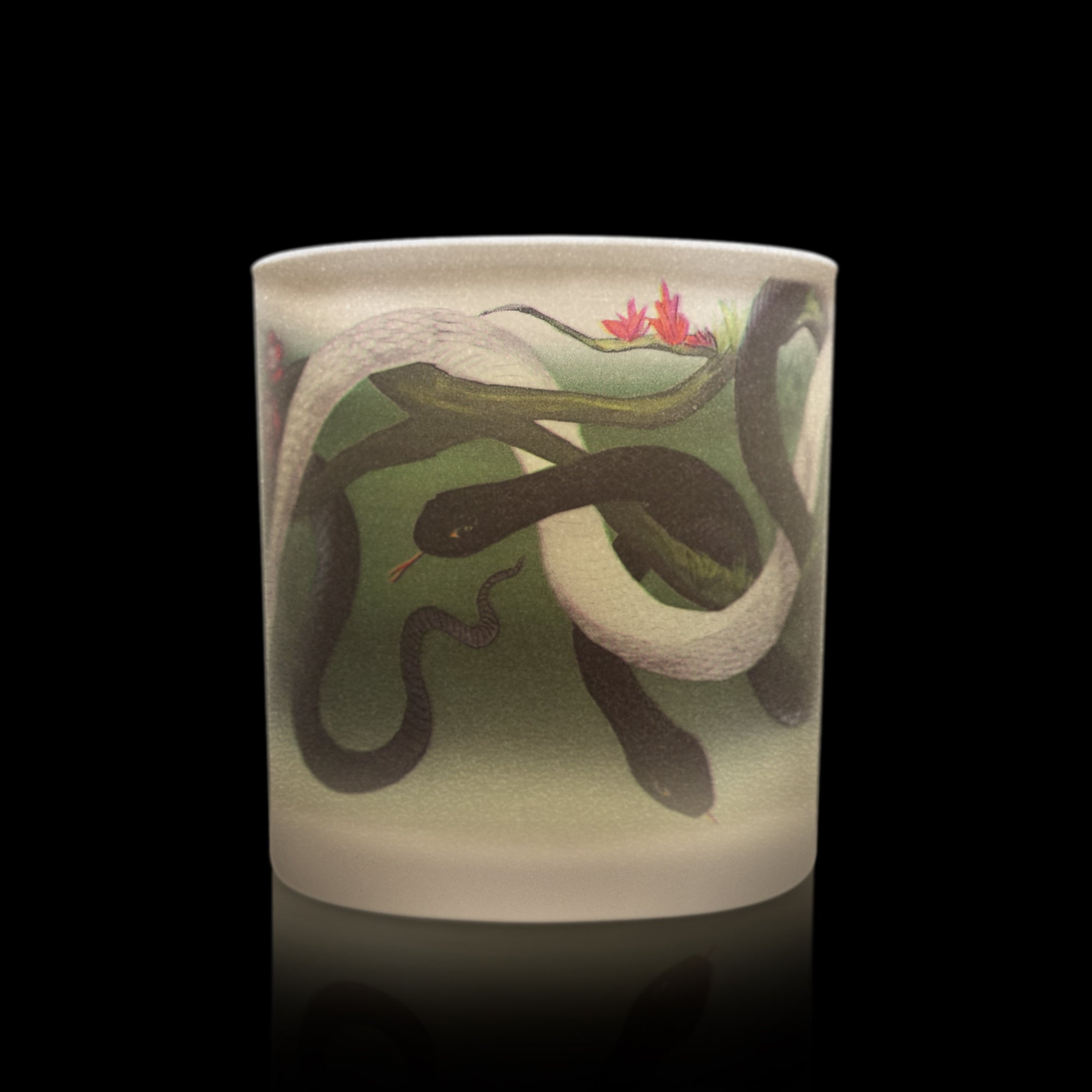  candle with snake design on a green background