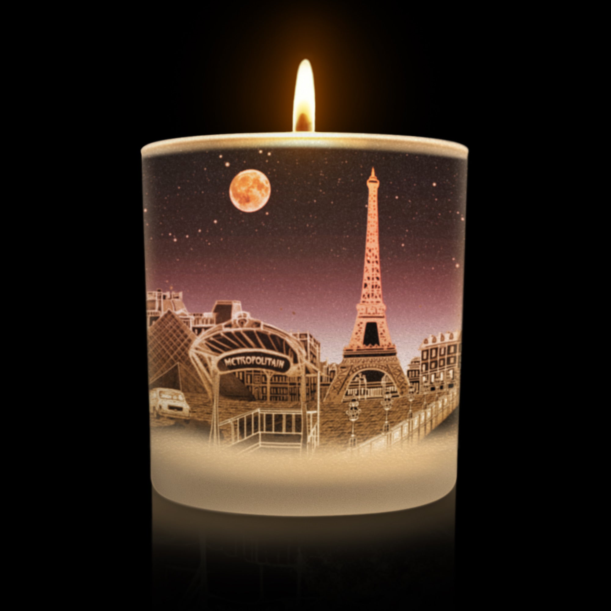 Lit candle featuring the Eiffel Tower and Paris skyline