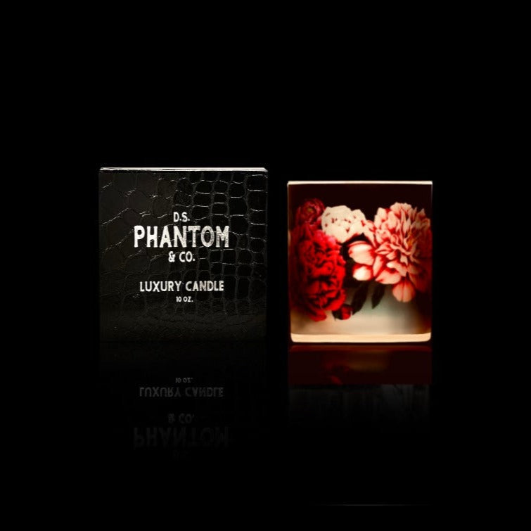 Phantom candle with 360 artwork of Peonies next to packaging