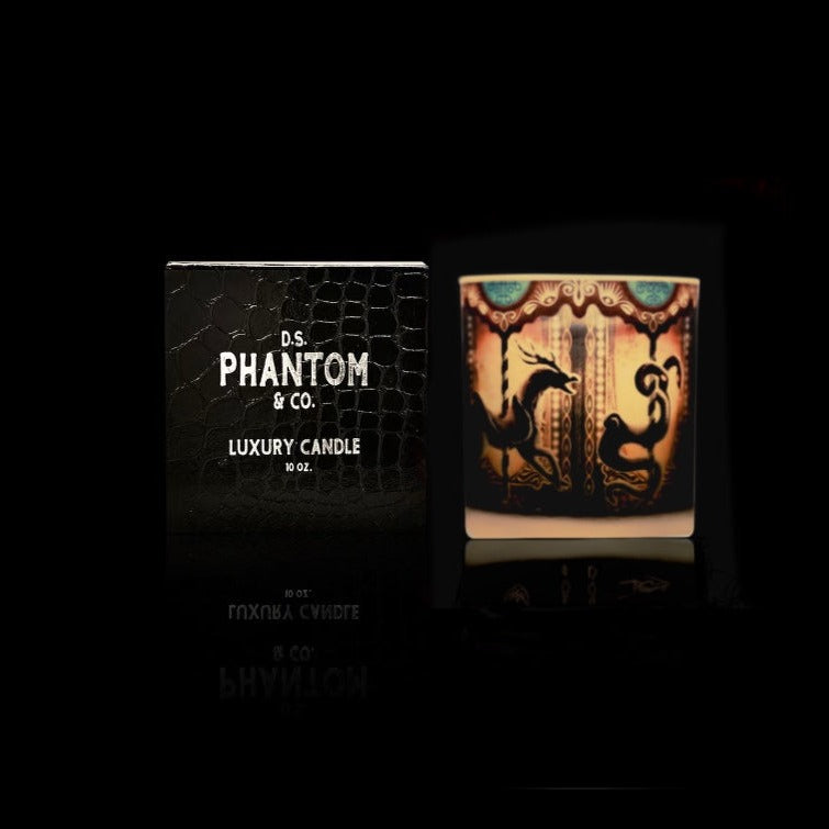 Phantom candle with artwork of a gothic carousel with box