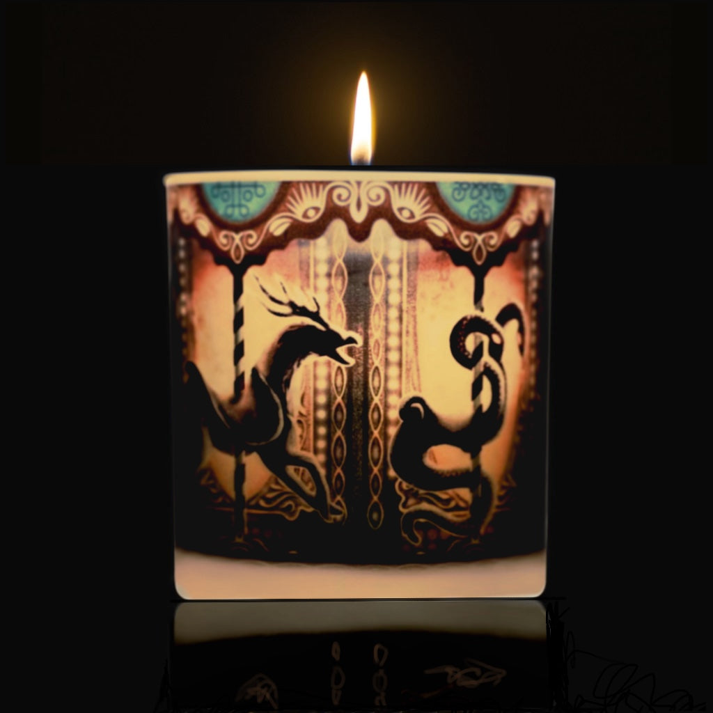 DS Phantom lit candle with artwork of a gothic carousel