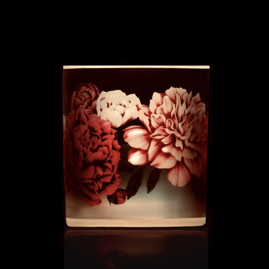 Phantom candle with 360 artwork of colorful blooming Peonies