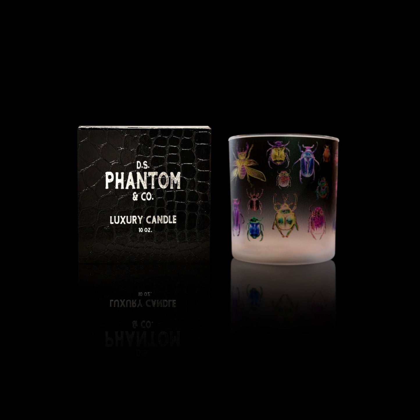 Luxury candle with artwork depicting many colorful beetles 