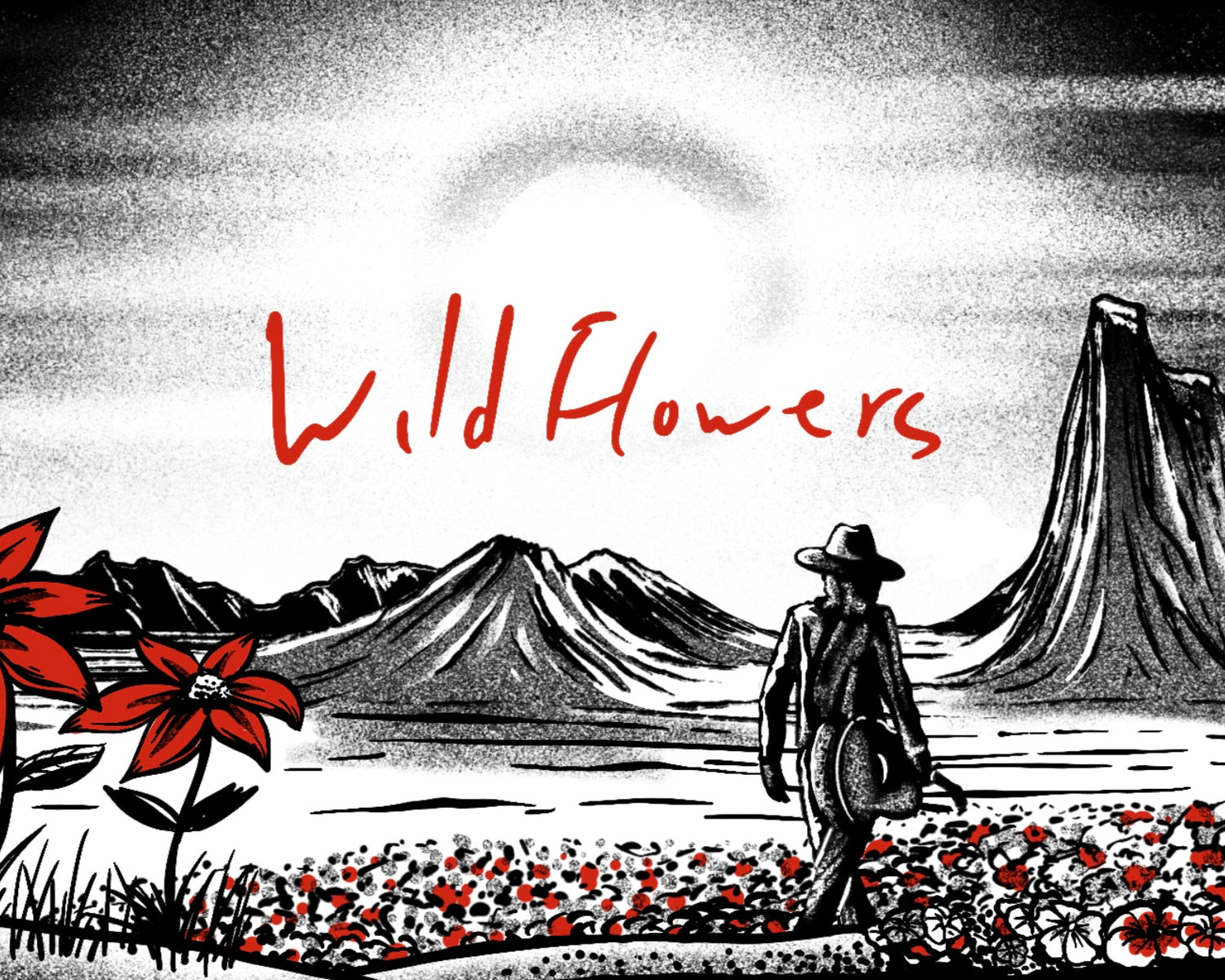 Hand drawn artwork with Silhouette of musician Tom Petty walking in a moonscape like enviroment with the word “wildflowers” in red